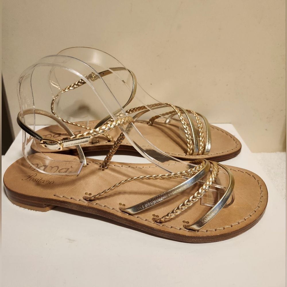 New NaNa Positano Handmade Gold Strappy Flat Sandals Sz.8.5/39 Ret.$266/ €278 - Picture 8 of 12